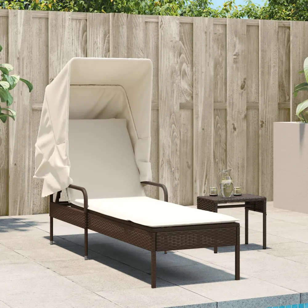 Ligbed met luifel poly rattan bruin