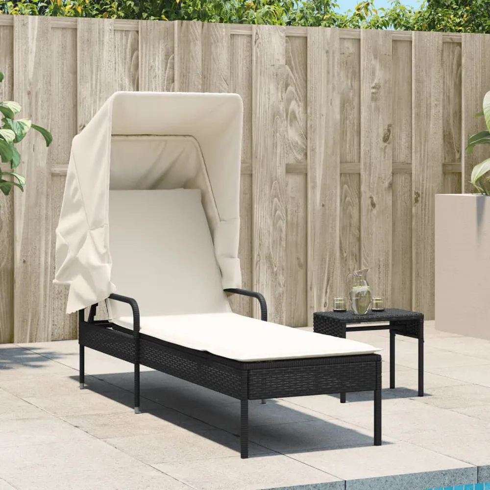 Ligbed met luifel poly rattan zwart
