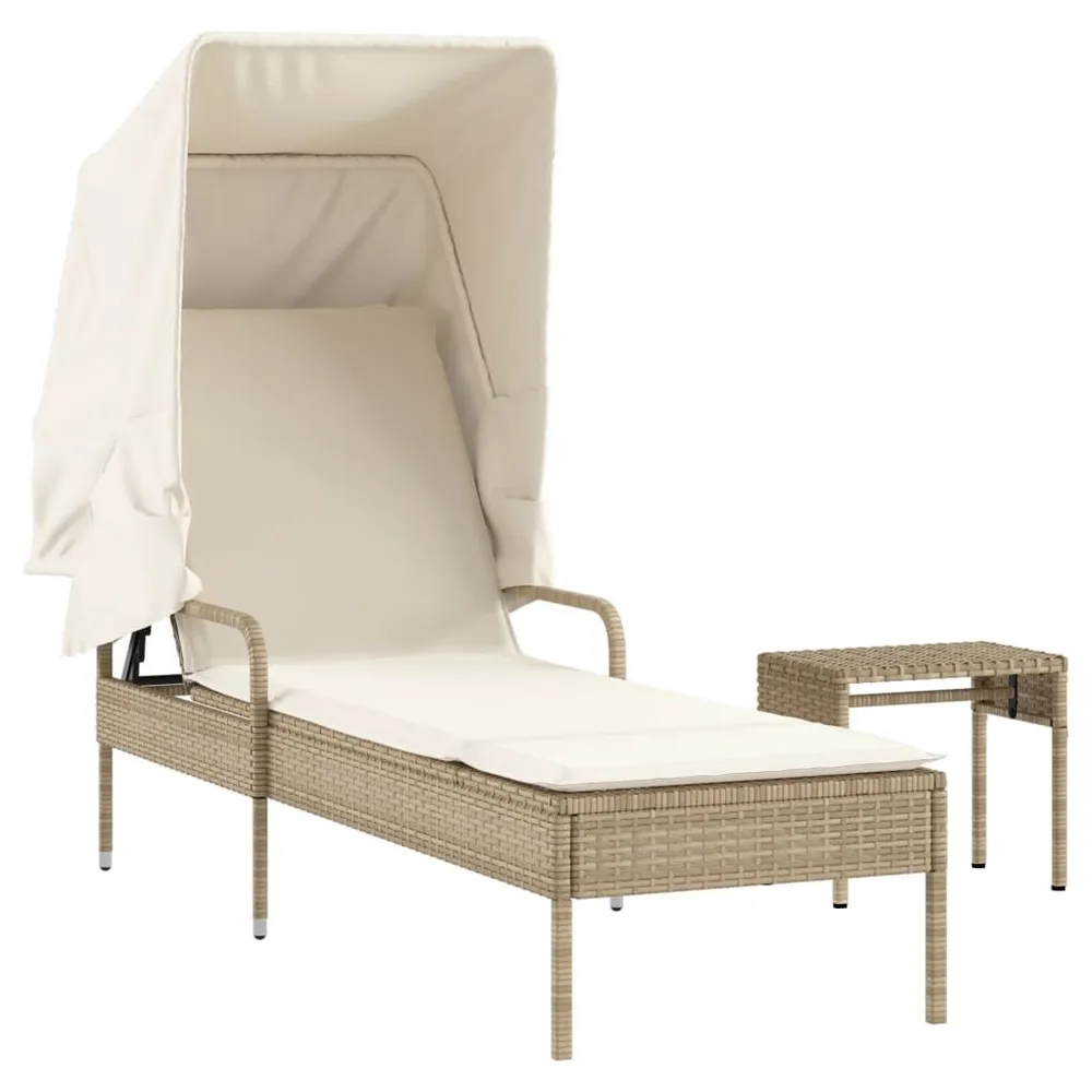 Ligbed met luifel en tafel poly rattan natuurtint