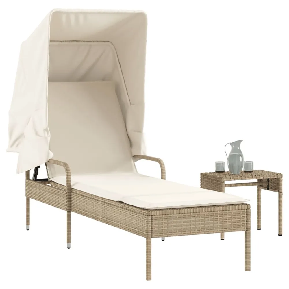 Ligbed met luifel en tafel poly rattan natuurtint