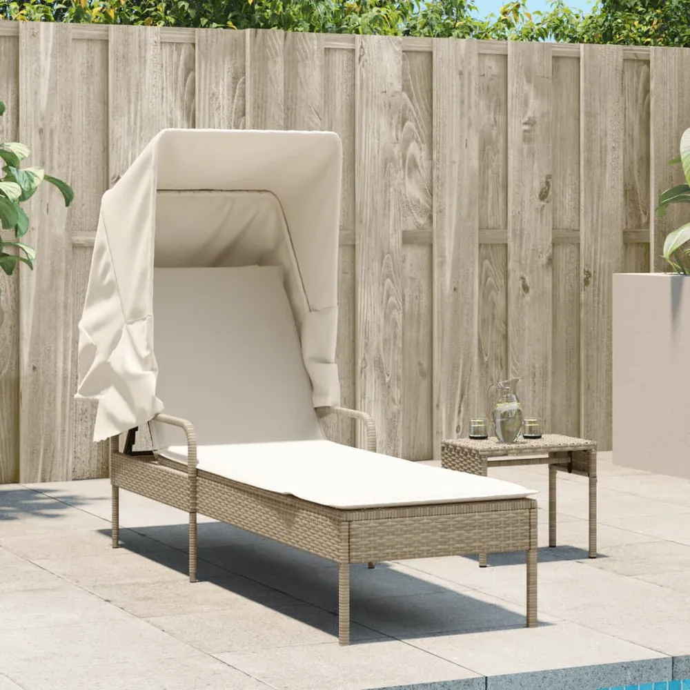 Ligbed met luifel en tafel poly rattan natuurtint