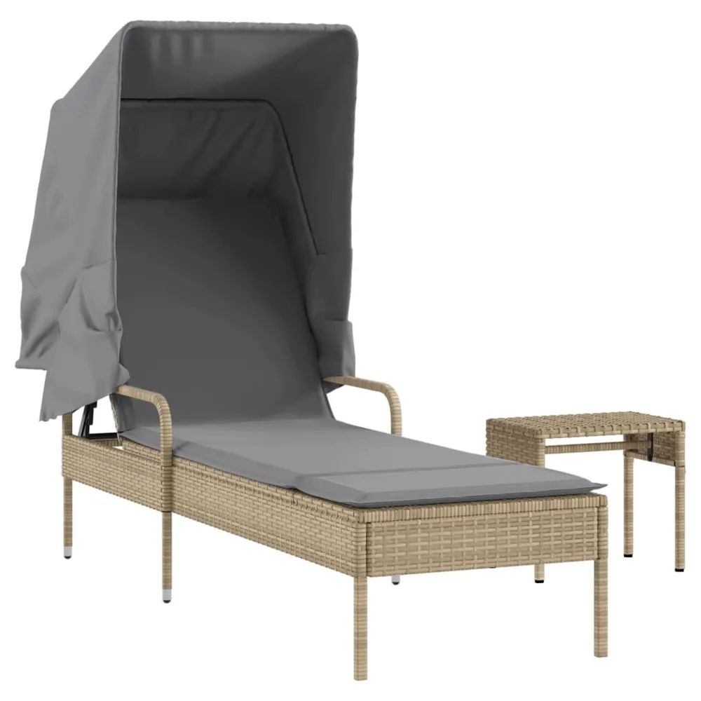 Ligbed met luifel en tafel poly rattan lichtbruin