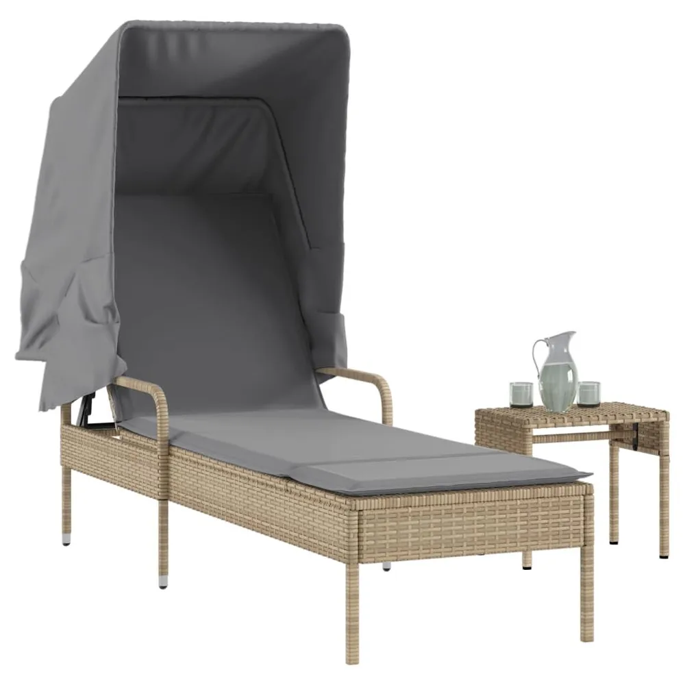 Ligbed met luifel en tafel poly rattan lichtbruin