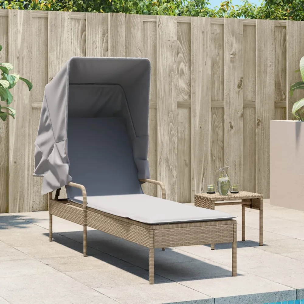 Ligbed met luifel en tafel poly rattan lichtbruin