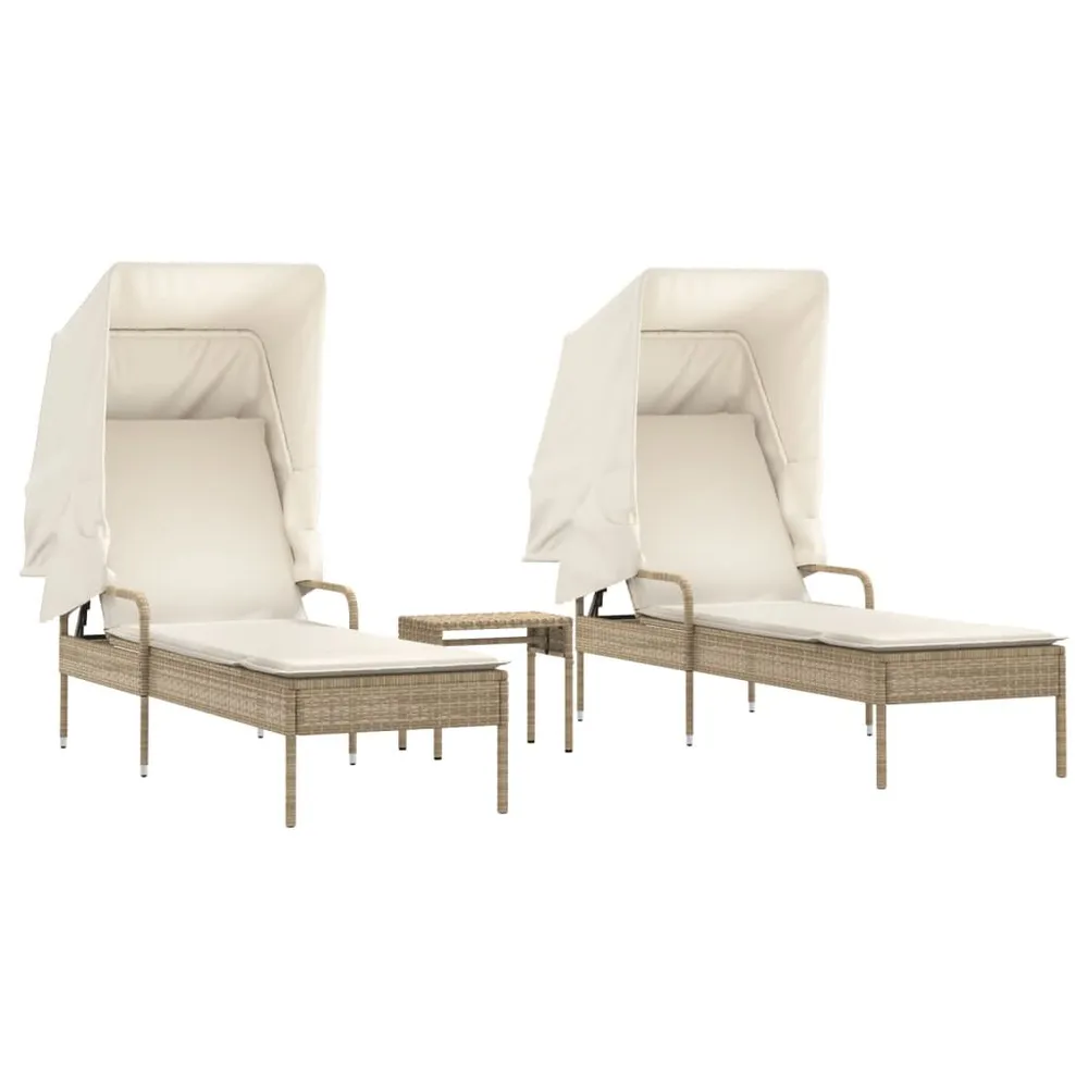 Ligbedden 2 st met luifels en tafel poly rattan ecru