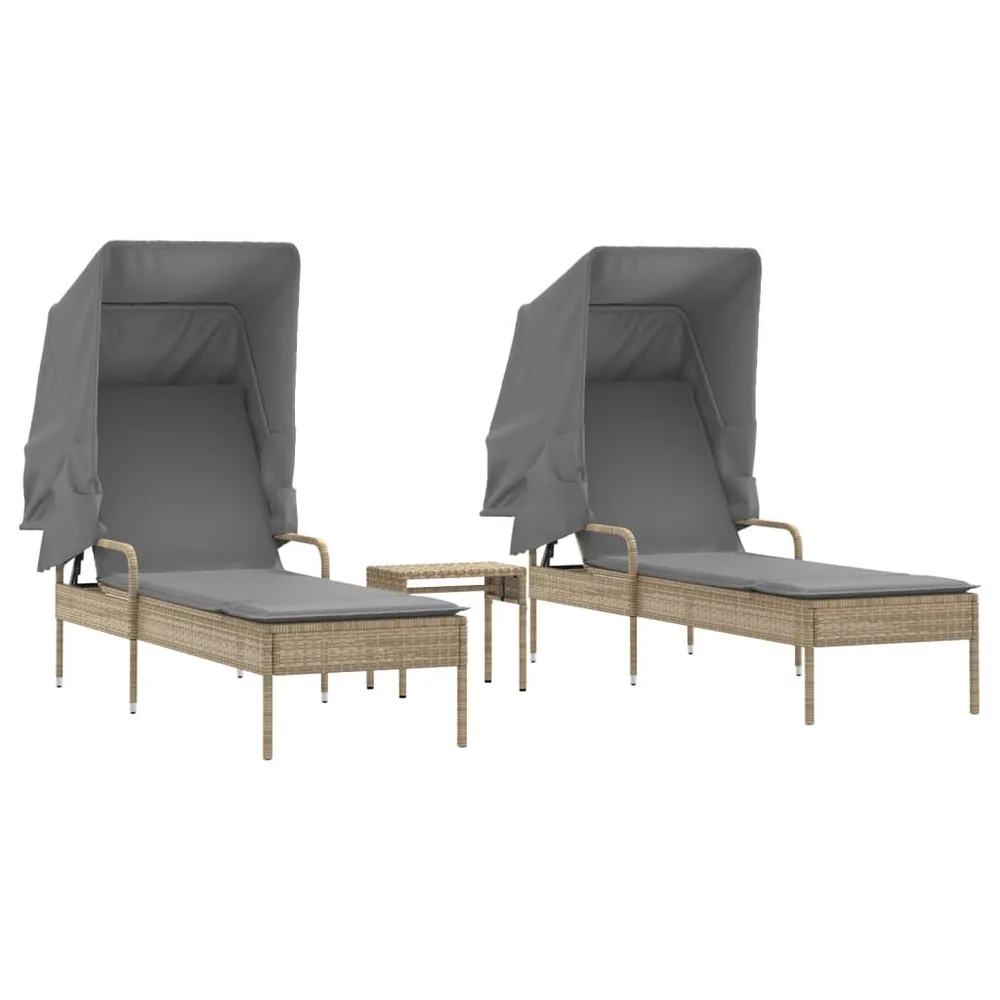 Ligbedden 2 st met luifels en tafel poly rattan ecru