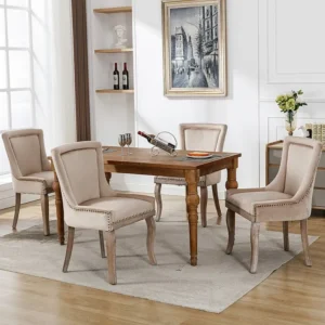 Set van 4 luxe eetkamerstoelen - fluweel en massief hout - klinknageldecoratie - natuurtint