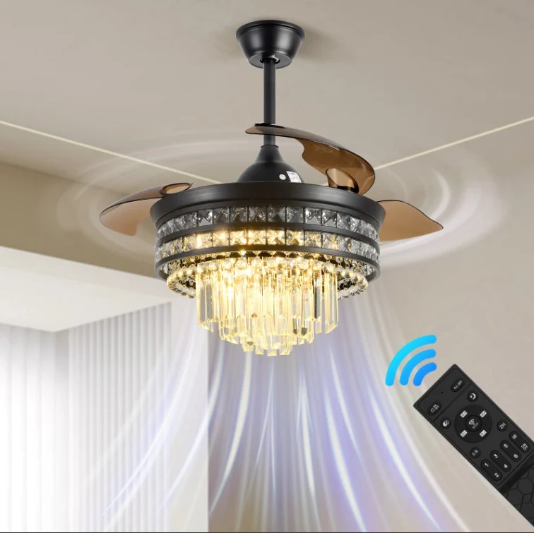 LuxiLamps - Hanglamp Kristallen Ventilator - 6 Standen - Dimbaar - Crystal Kroonluchter Ventilator - Zwart - Woonkamer Lamp