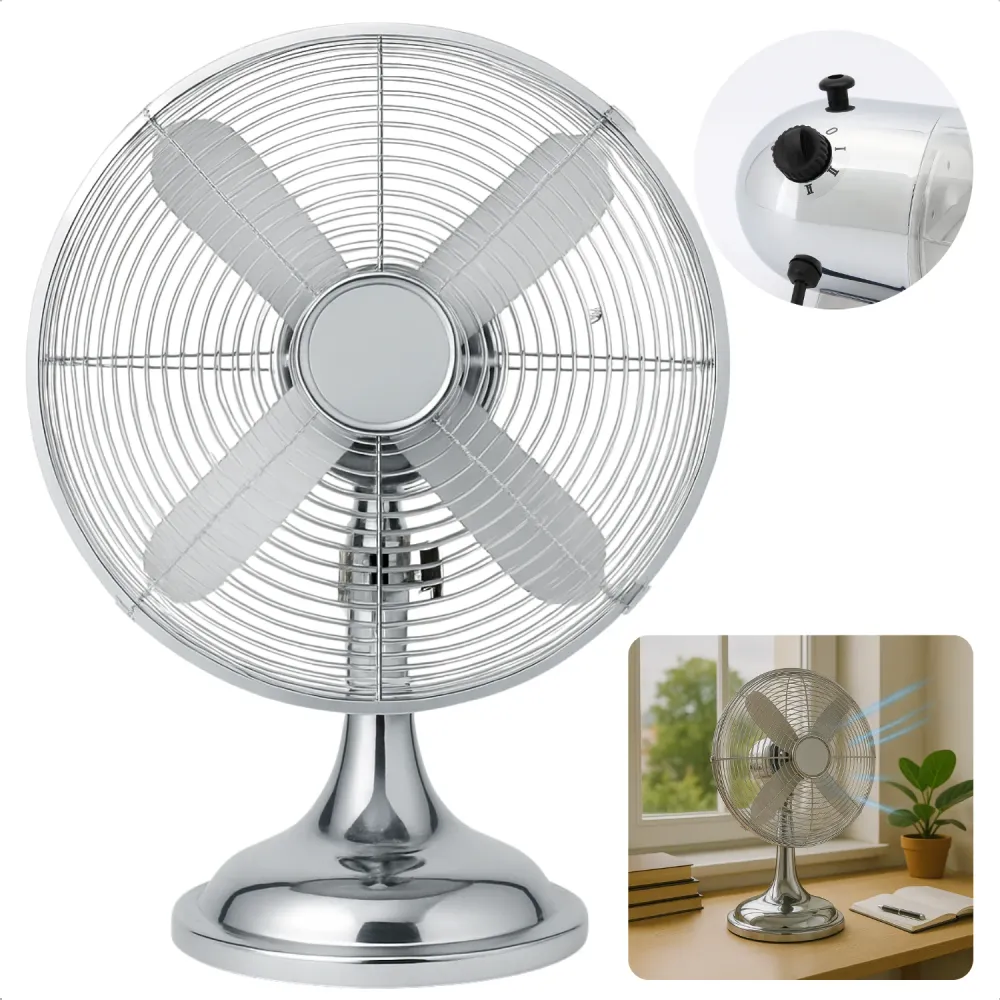 Cheqo® Tafelventilator 30 cm Chroom – Retro Design Ventilator – Oscillerend & Kantelbaar – 3 Snelheden – Metalen Bladen –...