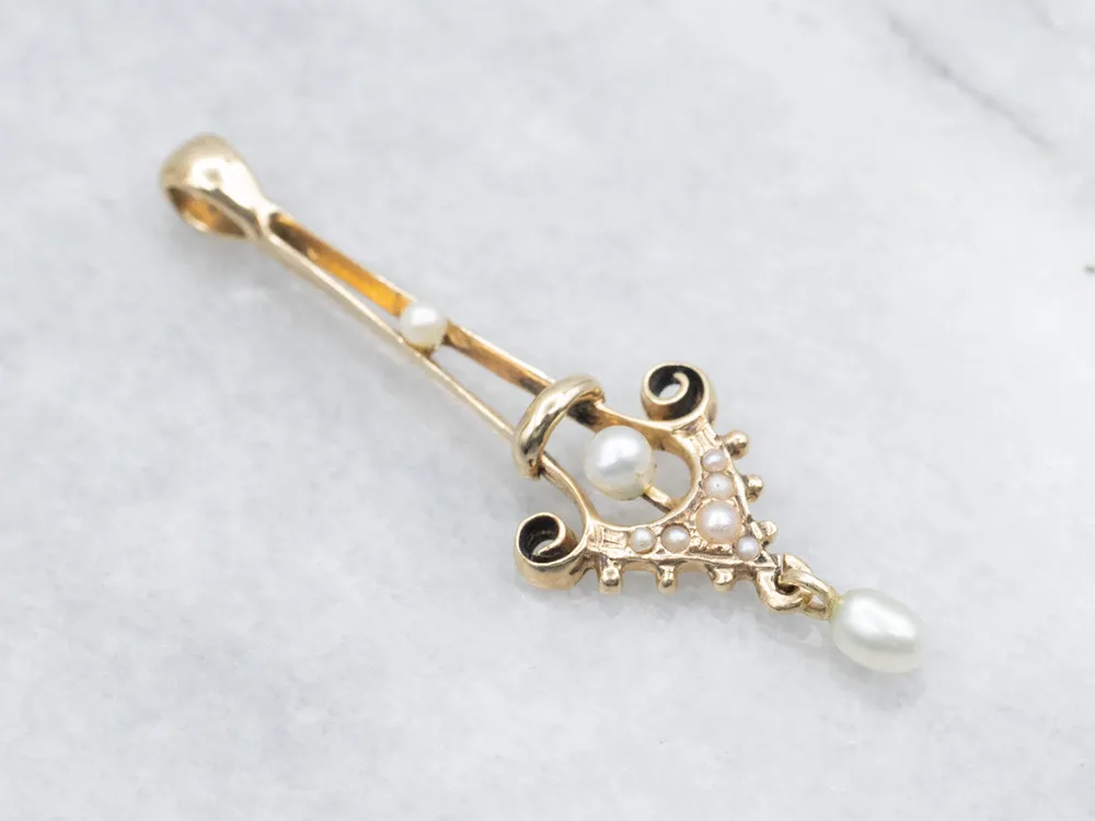 Victorian Goud Pearl and Seed Pearl Drop Lavalier Pendant