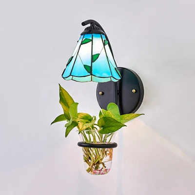 Cone Sconce Lighting 1 Head Beige/Blauw Glas Tiffany Wandlamp met Plant Decoratie met thermometer en pH-meter