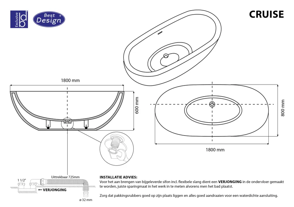 Cruise vrijstaand bad Just-Solid 180x80x60cm