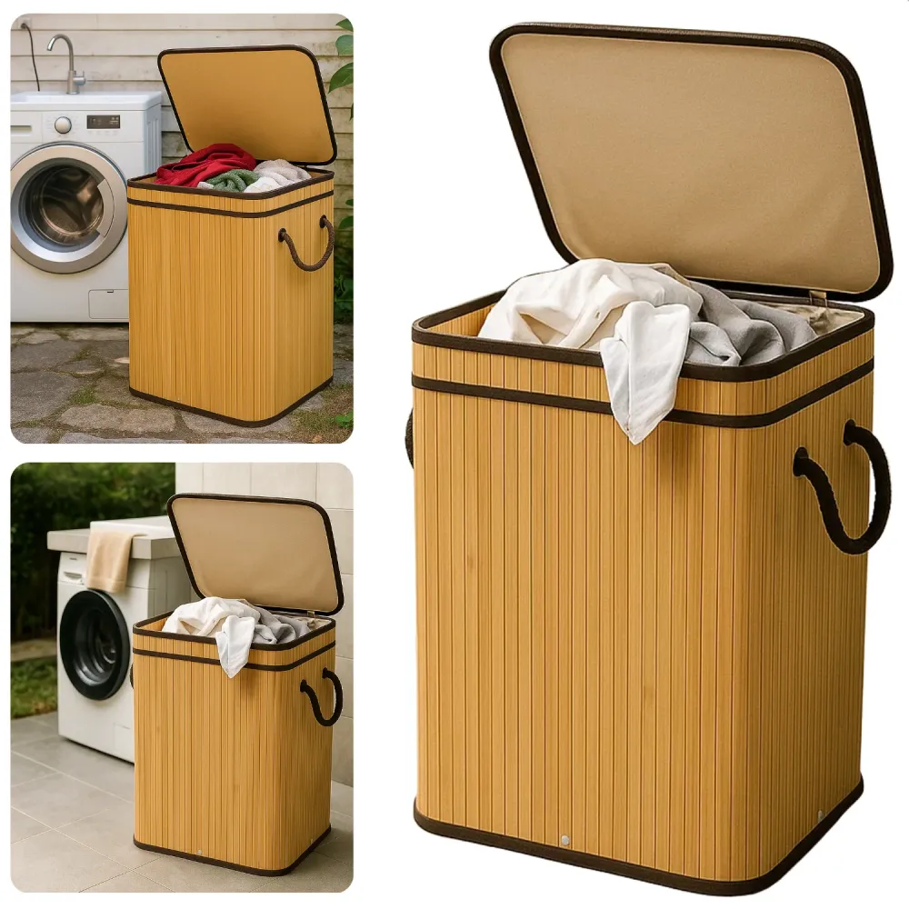 Cheqo® Bamboe Wasmand - Wasmand met Deksel - Uitneembare Wasbare Binnenzak - 72 Liter - Natuurlijk Bruin - Klapdeksel - Wa...
