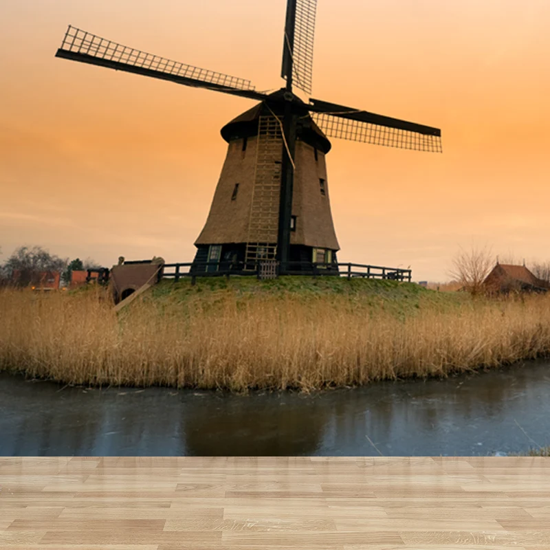 Roterende windmolen muurschildering behang voor eetkamer zomer muur decor, op maat bedrukt voor een Landelijke Sfeer