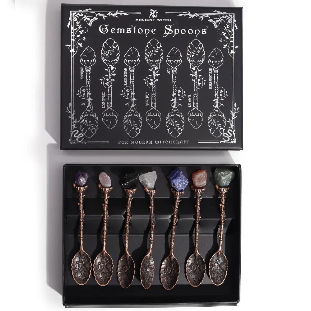 Set 7 Bronze Gemstone Witch Spoons – Crystal Altar Tools Rituals & Tea